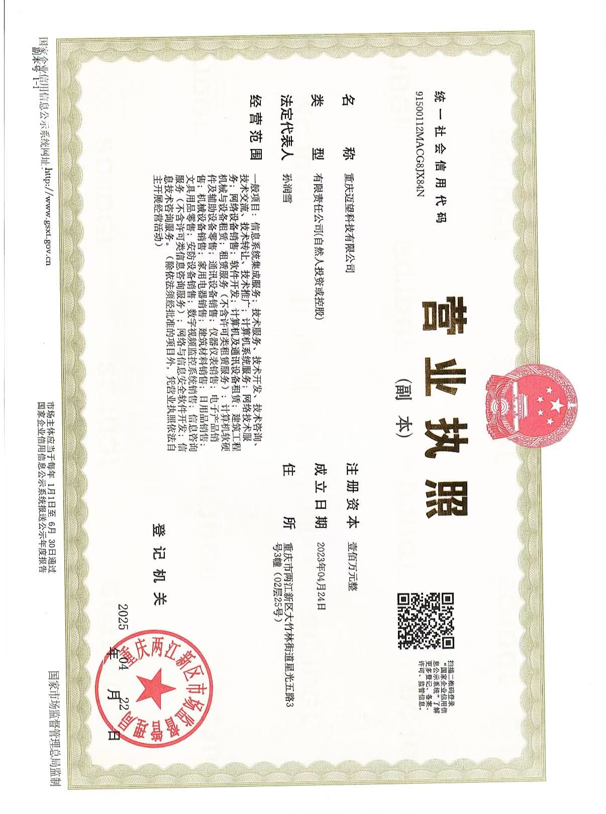 Chongqing Maiwang Technology — Business License